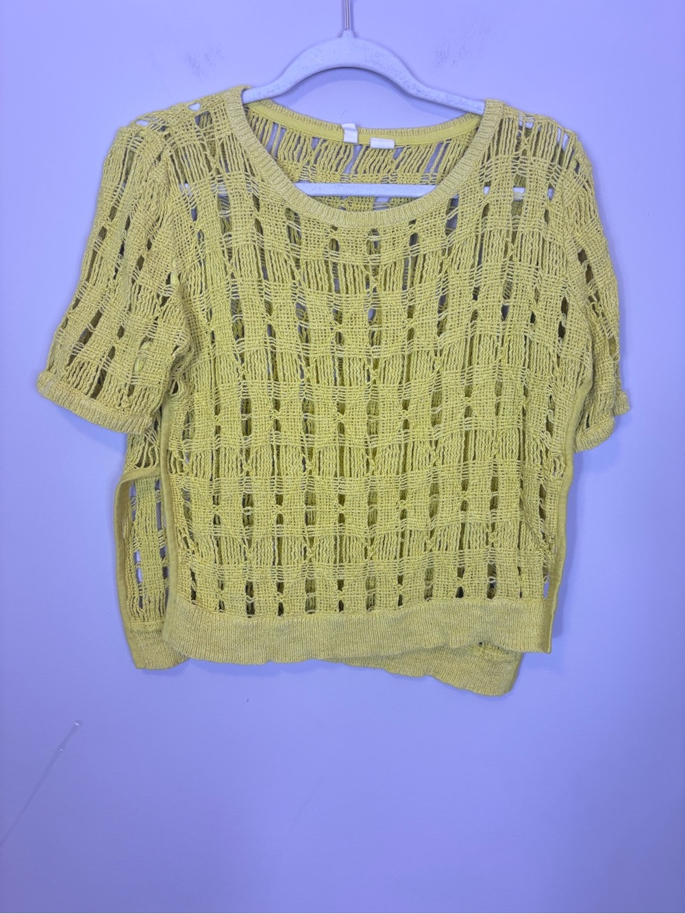 Moth Yellow Open-Weave Short Sleeve Knit Top Slit Side Medium